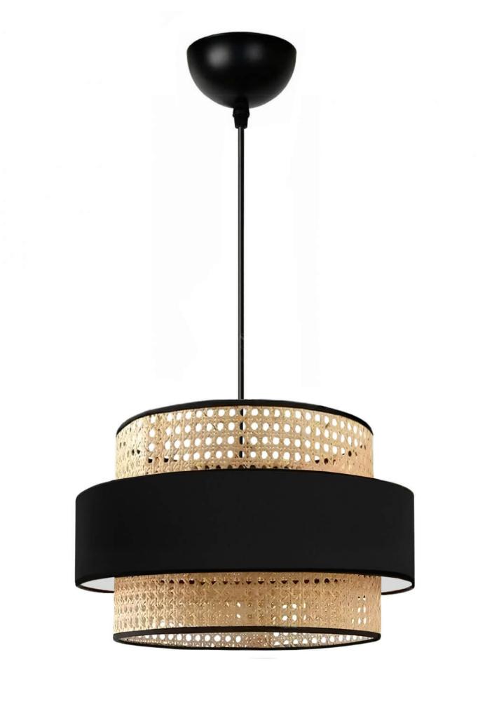 Bohemian Trio Metal Frame Real Rattan and Black Fabric Living Room Chandelier Three-Layer Cake Bedroom Pendant Lamp
