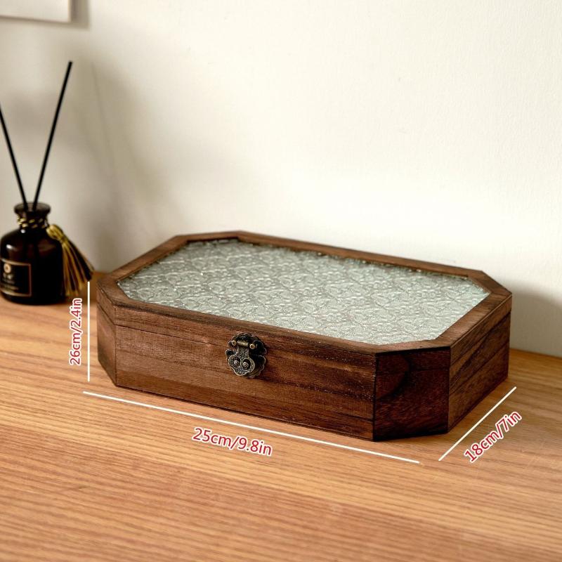 Wooden Jewellery Box Glass Flip Cover Necklaces Storage Boxes Bracelet Ring Organizer Box Large Capacity Storage Casket Jewelry