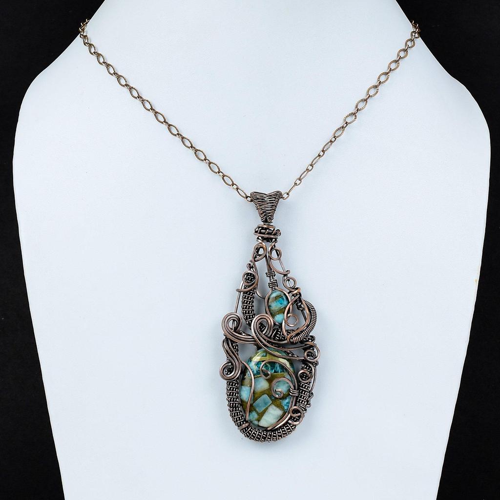 Медный амазонитовый кулон, обернутый медной проволокой, драгоценный камень, ювелирные изделия ручной работы, достойный кулон, амазонитовые украшения для подарка, ювелирные изделия из медной проволоки