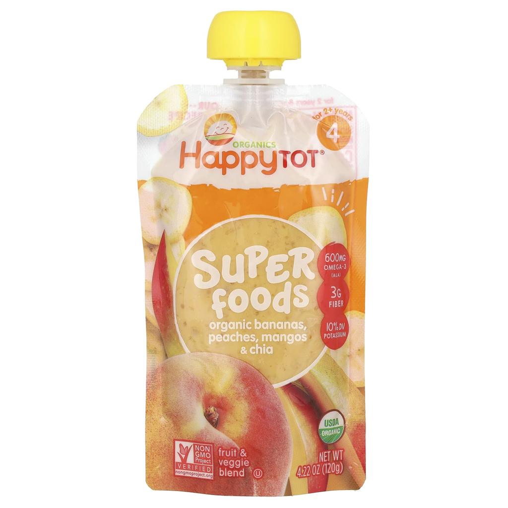 Happy Family Organics, Happy Tot, Суперфуд, Ступень 4, Банан, Персик, Манго и Чиа, 4,22 унции (120 г)