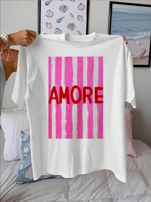 Amore Striped Art Pattern Summer Outfits Unisex Casual Round Neck Short Sleeve Female Tshirt Tops