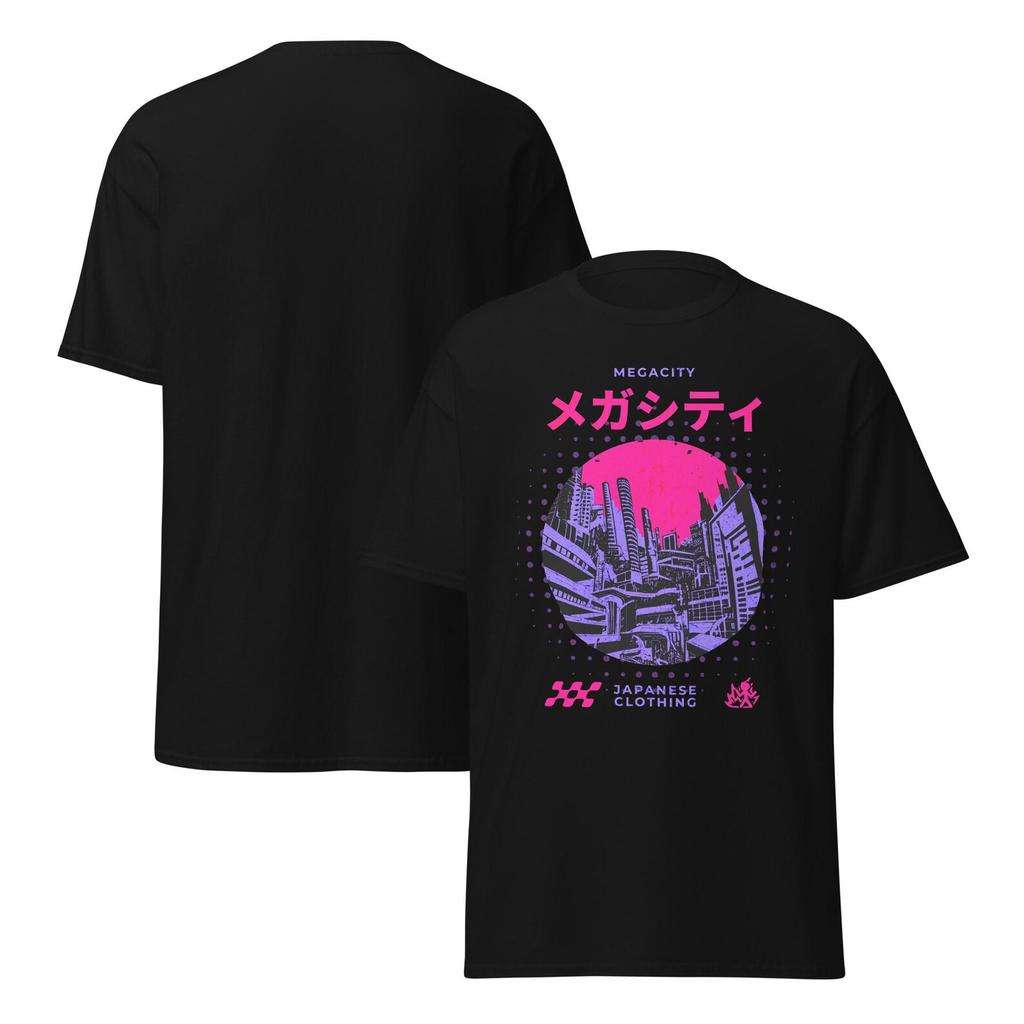 Neon Dystopia T-Shirt: "Megacity" Theme, Cyberpunk Cityscape, Neon Pink and Black, Japanese Text.