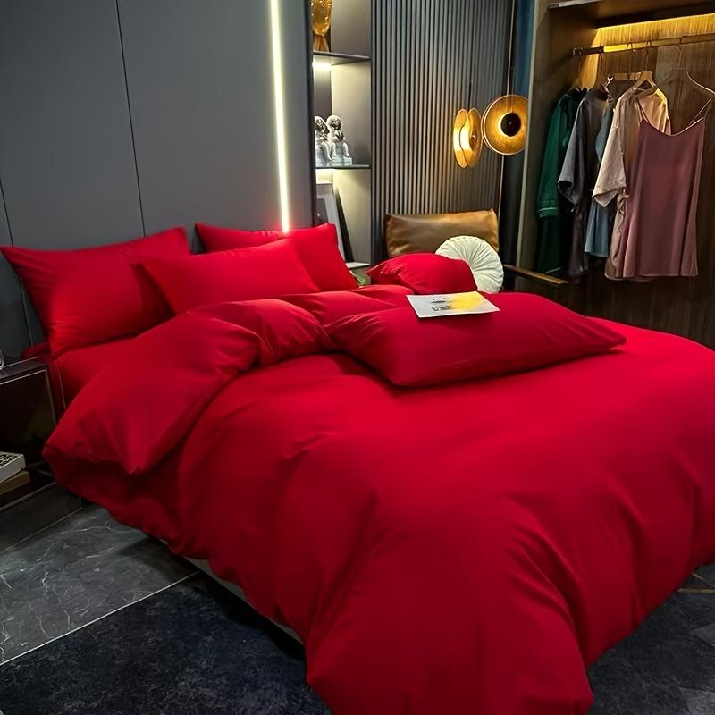 Большой красный комплект свадебного постельного белья из четырех предметов, стиранный хлопок, простой однотонный пододеяльник