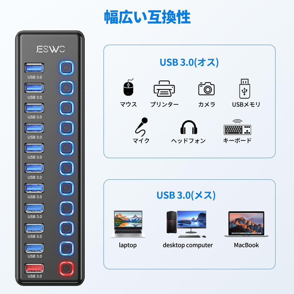 USB-концентратор JESWO с питанием, 10 портами расширения, 1 портом зарядки, передачей данных со скоростью 5 Гбит/с и независимым блоком питания переменного тока 12 В 3 А, совместим с Surface и другими устройствами.