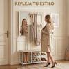 Coat Rack with Mirror and 8 Hooks, Shoe Bench, Metal Frame, Natural Finish