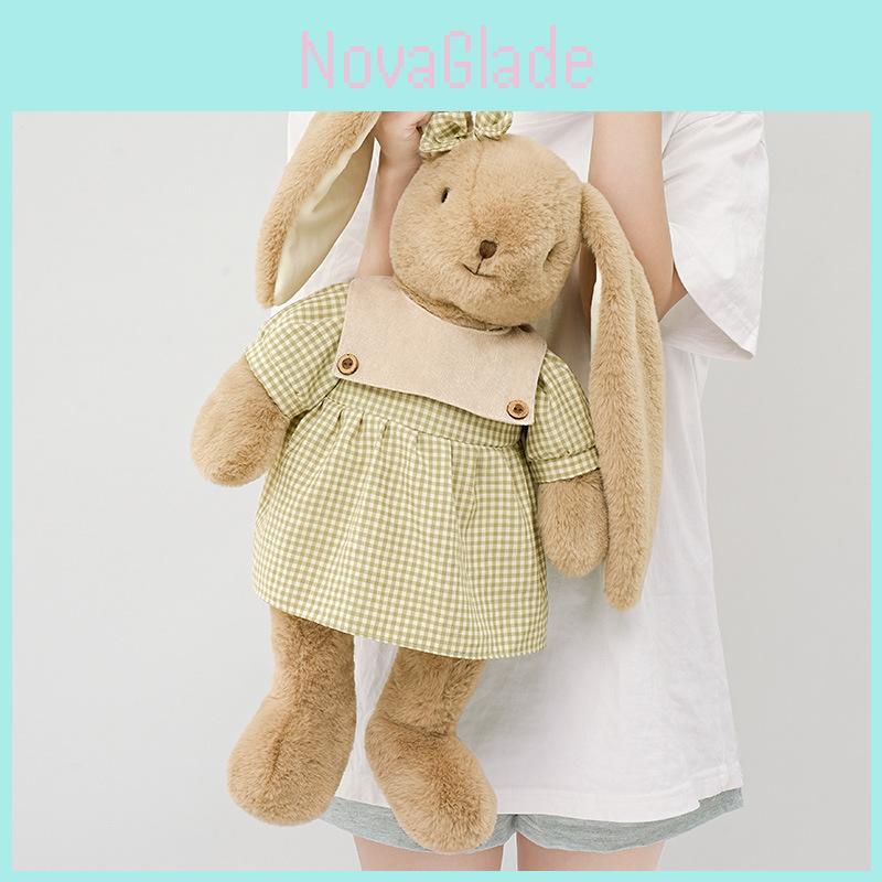 Soft Rabbit Plush Doll With Checkered Dress And Bow Decoration For Nap Support And Decoration In Kids Bedrooms