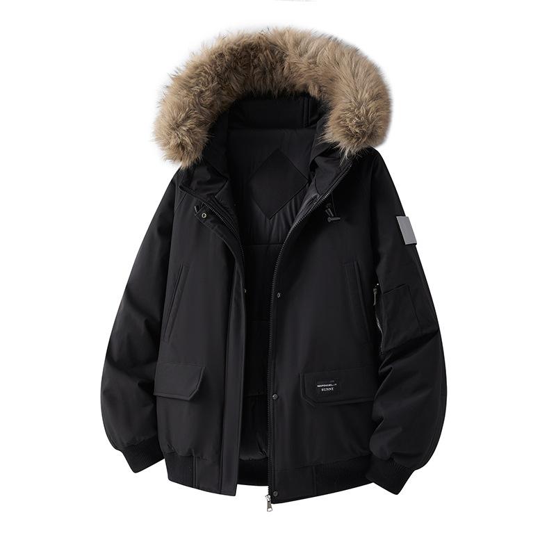 American Jacket Winter Thickened Padded Jacket Men Fur Collar Hooded Pie Overcome Padded Men