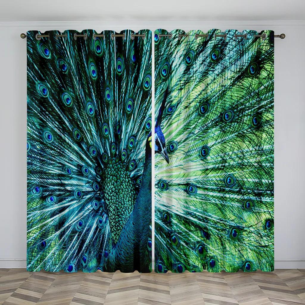 Красивые солнцезащитные шторы с 3D принтом в виде павлина с металлическими люверсами для кухни, гостиной, спальни, офиса 2 шт.