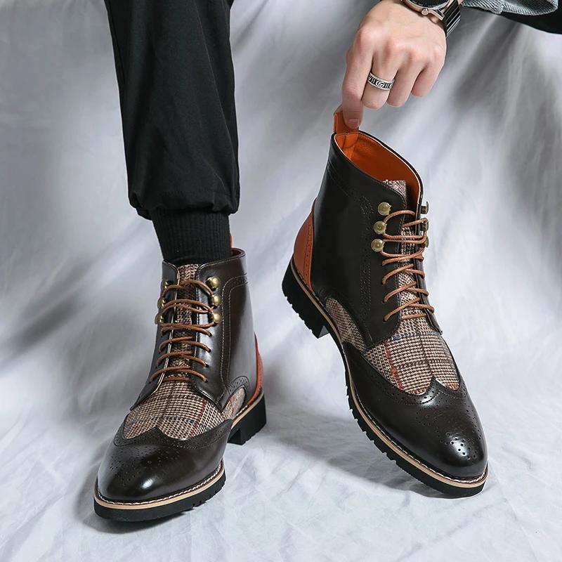 Модная Ретро Черная Высокая Мужская Обувь Броги Заостренный Носок Шнуровка Кожаные Ботинки Удобные Нарядные Ботинки для Мужчин 2025 Botas Para Hombre