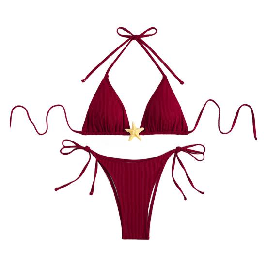 Женский комплект бикини с завязками по бокам, двухсекционный купальник с декором в виде морской звезды, сексуальный треугольник