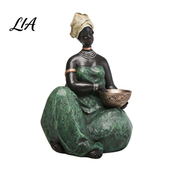 Display Cabinet Accents African Lady Figurine, Resin Ethnic Sitting/Standing Woman Statue, Hand-Painted Bohemian Home Decor for Statue Living Room TV