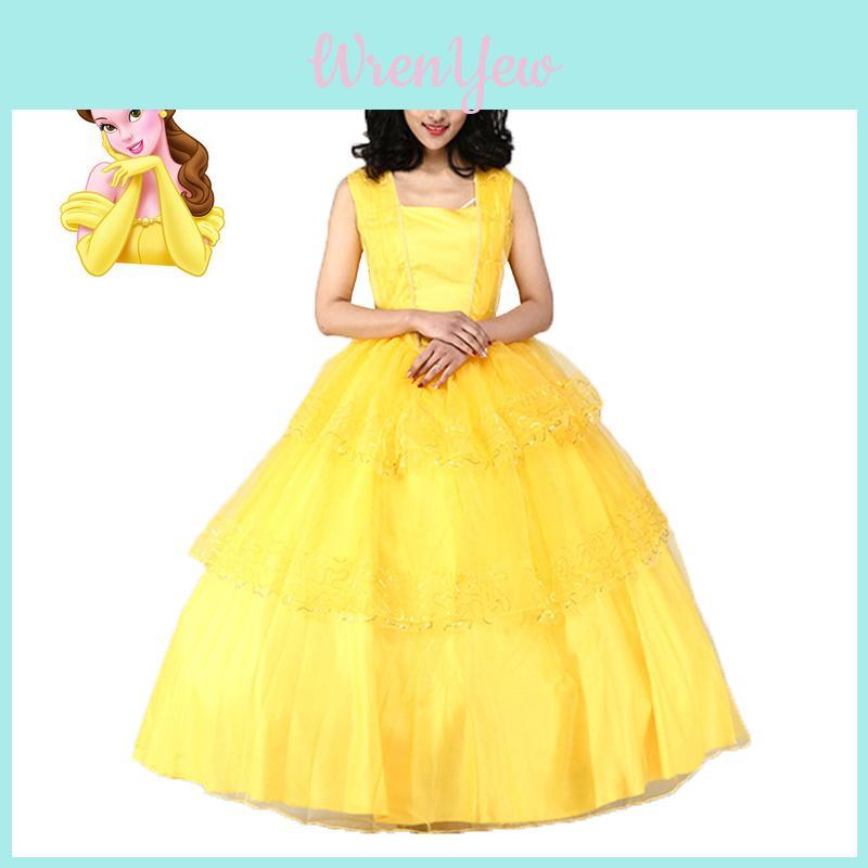 Disney Princess Belle Cosplay Costume Fancy Dress Halloween Adult Yellow Layered Full-length Ball Gowns