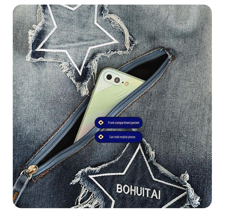 2025 Gradient Wash Star Design Retro Denim Backpack for Students