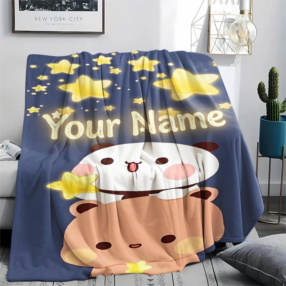 1PC Bear Panda Night Custom Name Patterned Flannel Blanket Suitable For All Seasons For Home Decor Warmth And Comfort Gifts Holiday Present