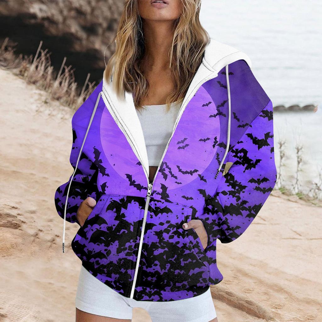 Женская толстовка с длинным рукавом и принтом на Хэллоуин, куртка с капюшоном и карманом на молнии
