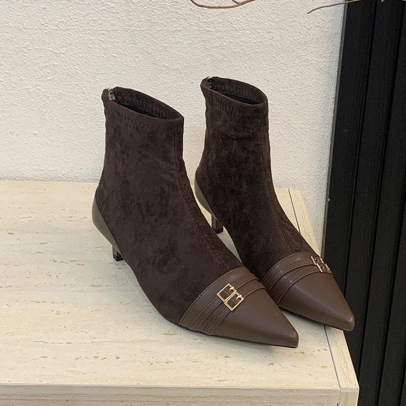 Fashion Fashion Thin Heels Ankle Modern Boots Shoes For Ladies Female Pointed Toe Footwear Flock Women Short Boots Zippers Shoes