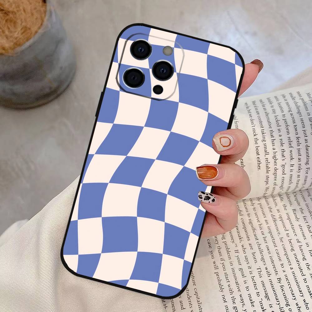 Однотонный клетчатый чехол для телефона для iPhone 17,16,15,14,13,12,11 Plus,Pro Max,XS,Мягкий силиконовый черный чехол