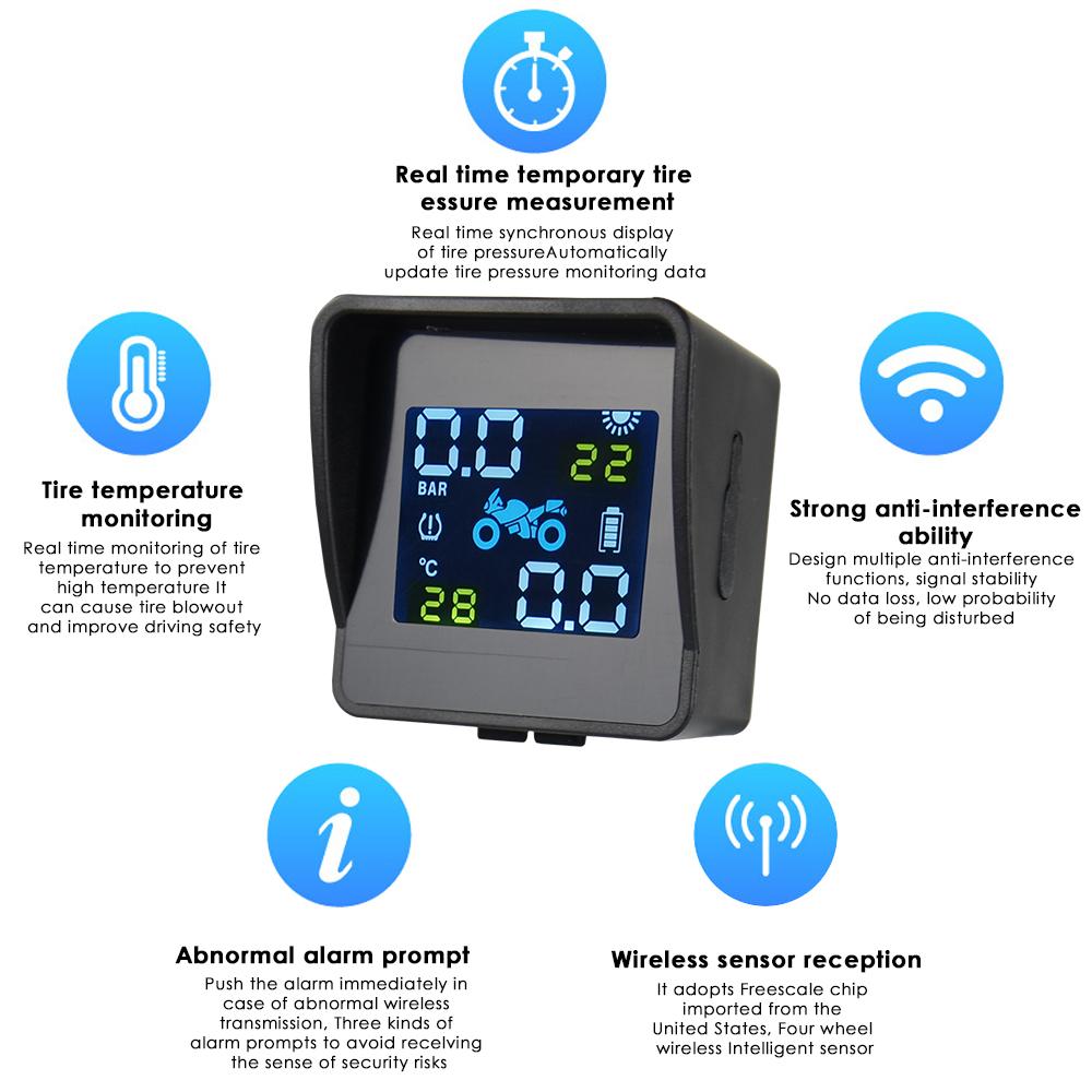 2025 Новый USB Солнечная Зарядка Мотоцикл TPMS Мотор Давление в Шинах Температура Шины Система Предупреждения с 2 Внешними