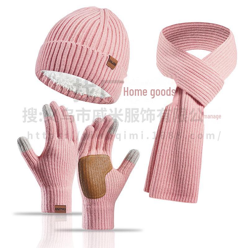 Зимний комплект из трех предметов: шерстяная шапка, шарф и кожаные перчатки в европейском и американском стиле для женщин — нескользящий
