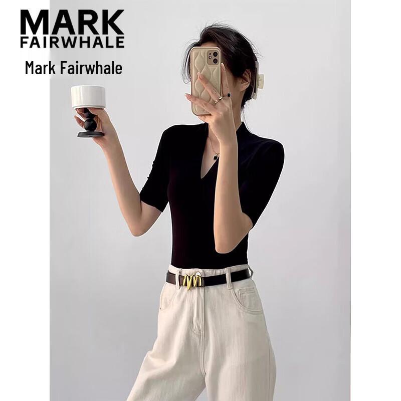 Mark Fairwhale Женский топ с V-образным вырезом, облегающий, с рукавом три четверти