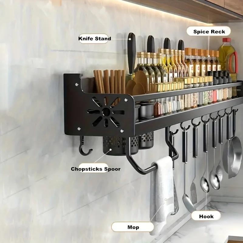 1pc Kitchen Wall-mounted Spice Storage Rack With Hooks, Hanging Tableware & Utensils Holder, Household Storage Organizer