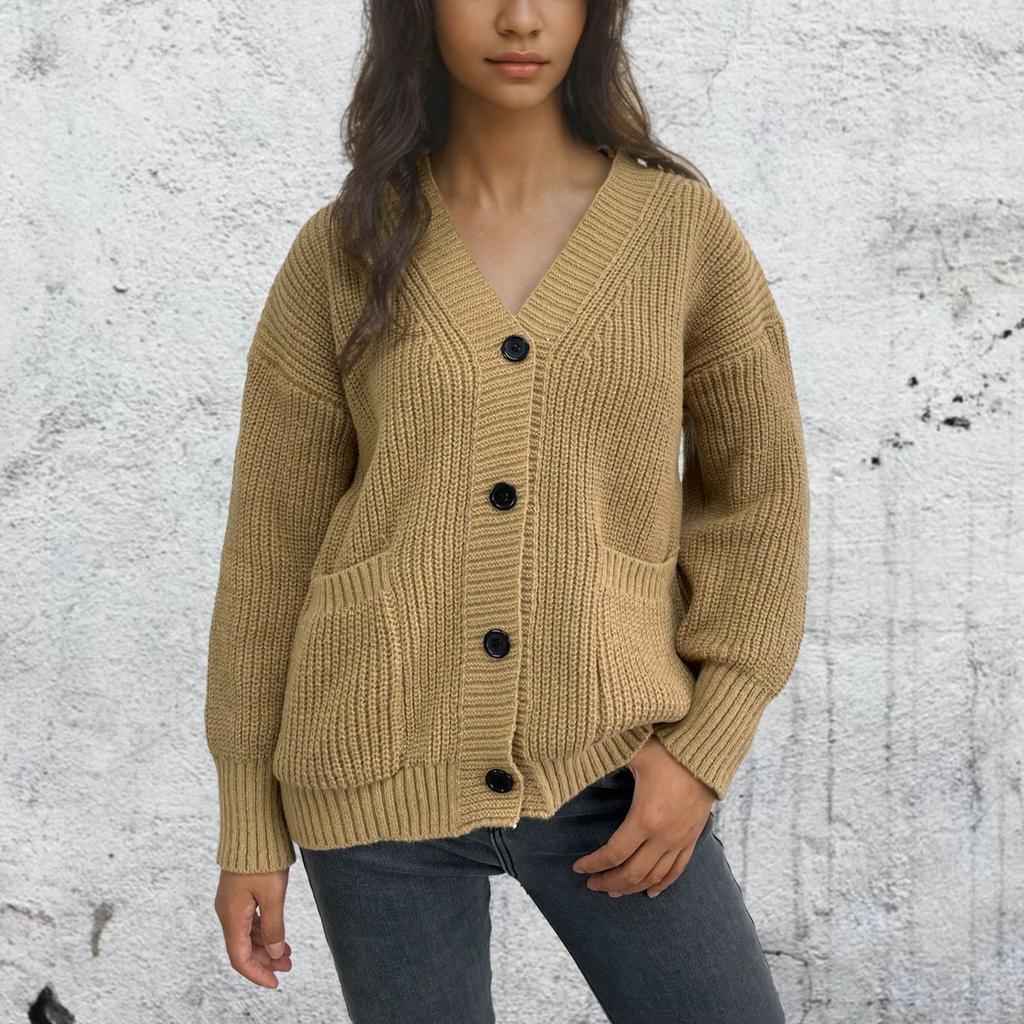 Женская мода однотонный вязаный кардиган с карманами на пуговицах пальто свитер