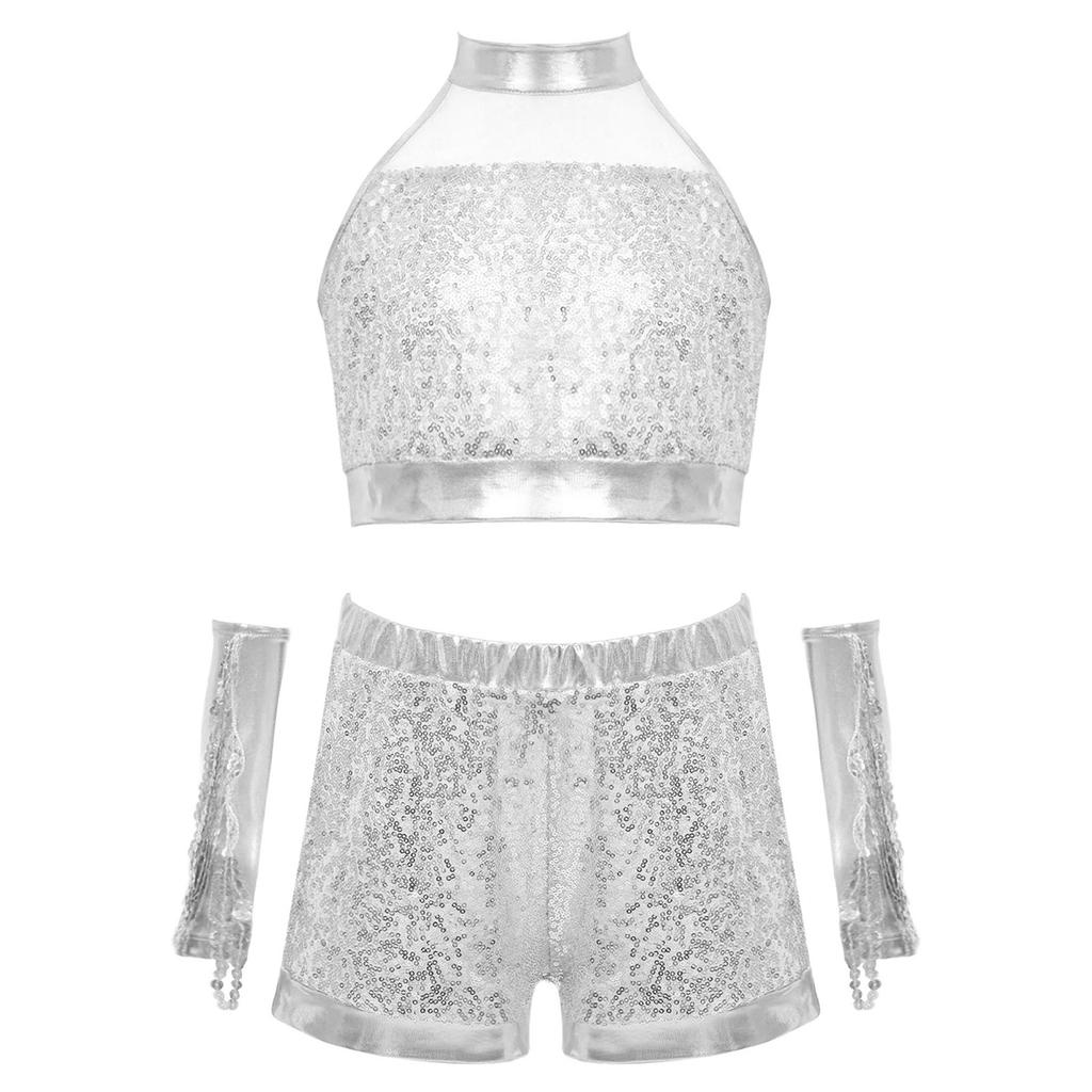 Girls Shiny Sequin Crop Top Keyhole Back Sleeveless Shorts Metallic Gloves Tassels Stage Costume