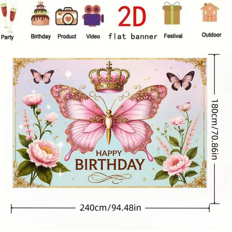2D Pink Blue Butterfly Birthday Backdrop for Girls Princess Themed Photo Booth Background