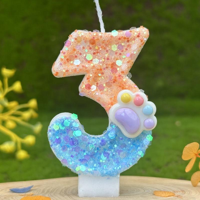 Sequin Cat Paw Dog Paw Digital Birthday Candle Cake Party Decoration First Birthday Celebration