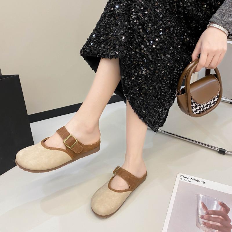 Модные женские тапочки Baotou, осенние туфли-лодочки с пряжкой на ремне для женщин, полутапочки, модные универсальные тапочки, женская обувь