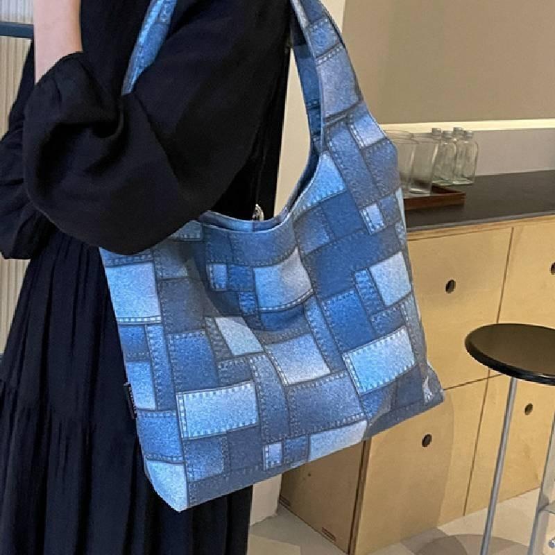 Большая холщовая сумка-тоут в клетку с ретро-дизайном в белых, коричневых и розовых тонах Уличный стиль Шик