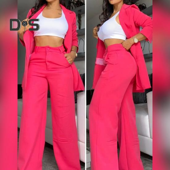 2 Pcs/Set Women Coat Pants Suit Single-breasted Turn-down Collar Long Sleeve Catdigan Jacket Wide Leg Straight High Waist Pants Lady Commute Coat