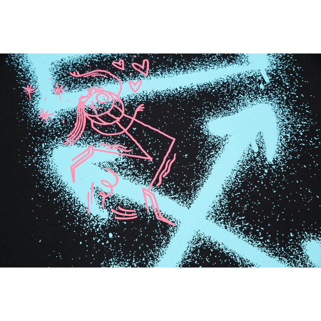 Off-White 2025 Лето Новинка Синий смайлик граффити нарисованные от руки буквы большой логотип принт Классическая футболка с коротким рукавом Парная футболка