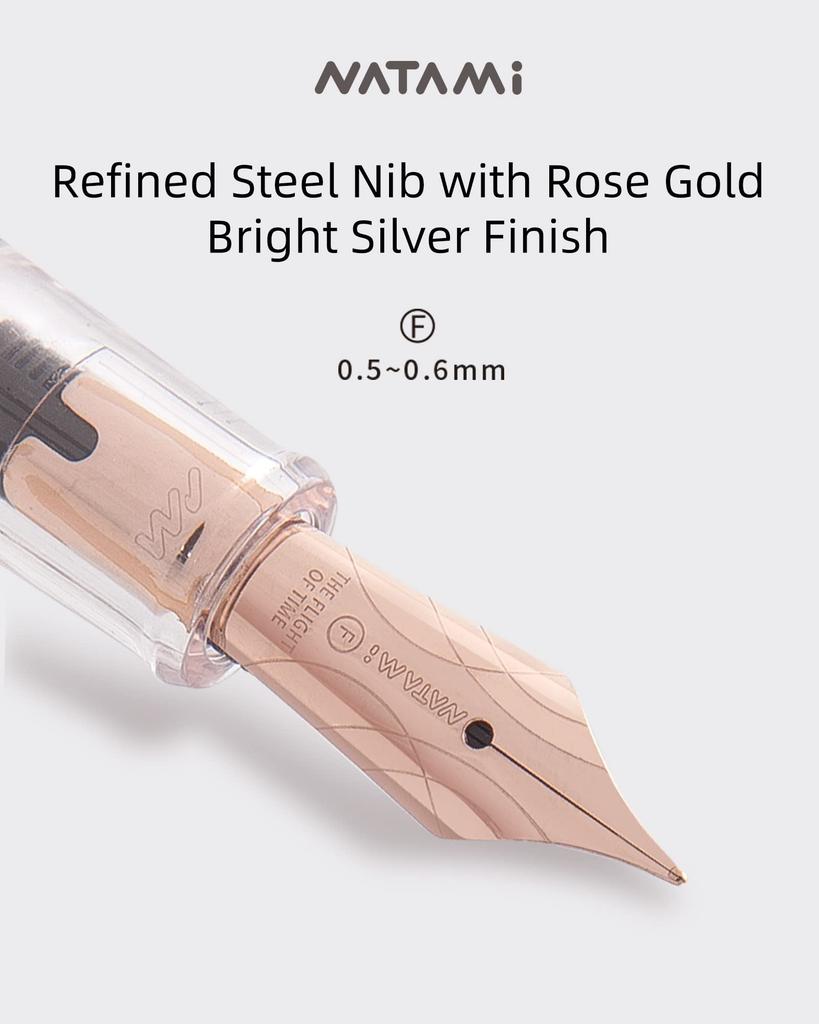 Natami Fountain Pen Fine Nib Transparent Clear Ink Converter Smooth Flow Rose Gold Trim Gift Leather Pouch Platinum Calligraphy (Sky Blue)