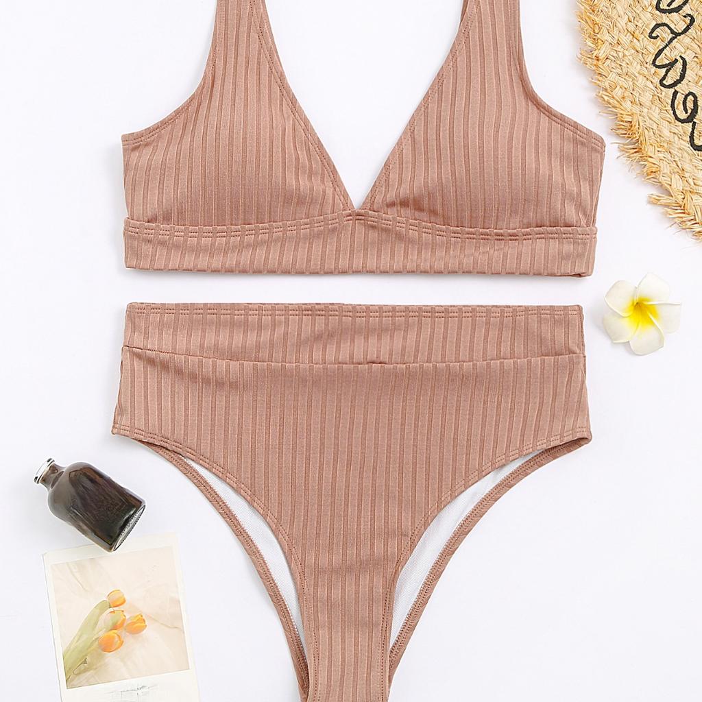 Women's Sexy V-neck Pit Striped Bikini High Waist Split Swimsuit 10 Colors