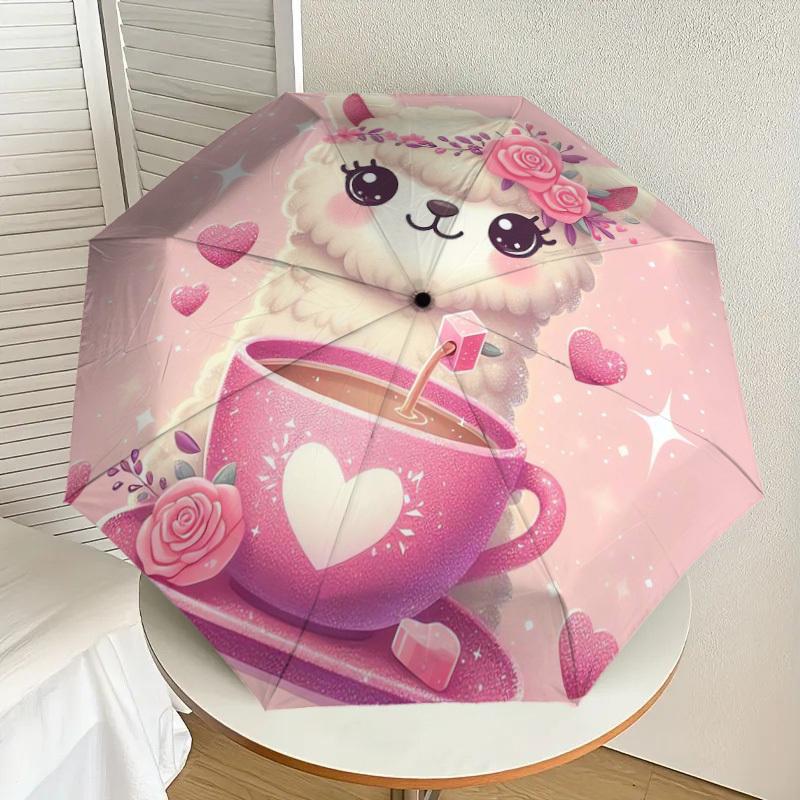 1pc Cute Llama with Floral Crown and Pink Hot Chocolate Umbrella with Plastic Handle,Suitable for All Seasons Home Travel Outdoor UmbrellaDD053
