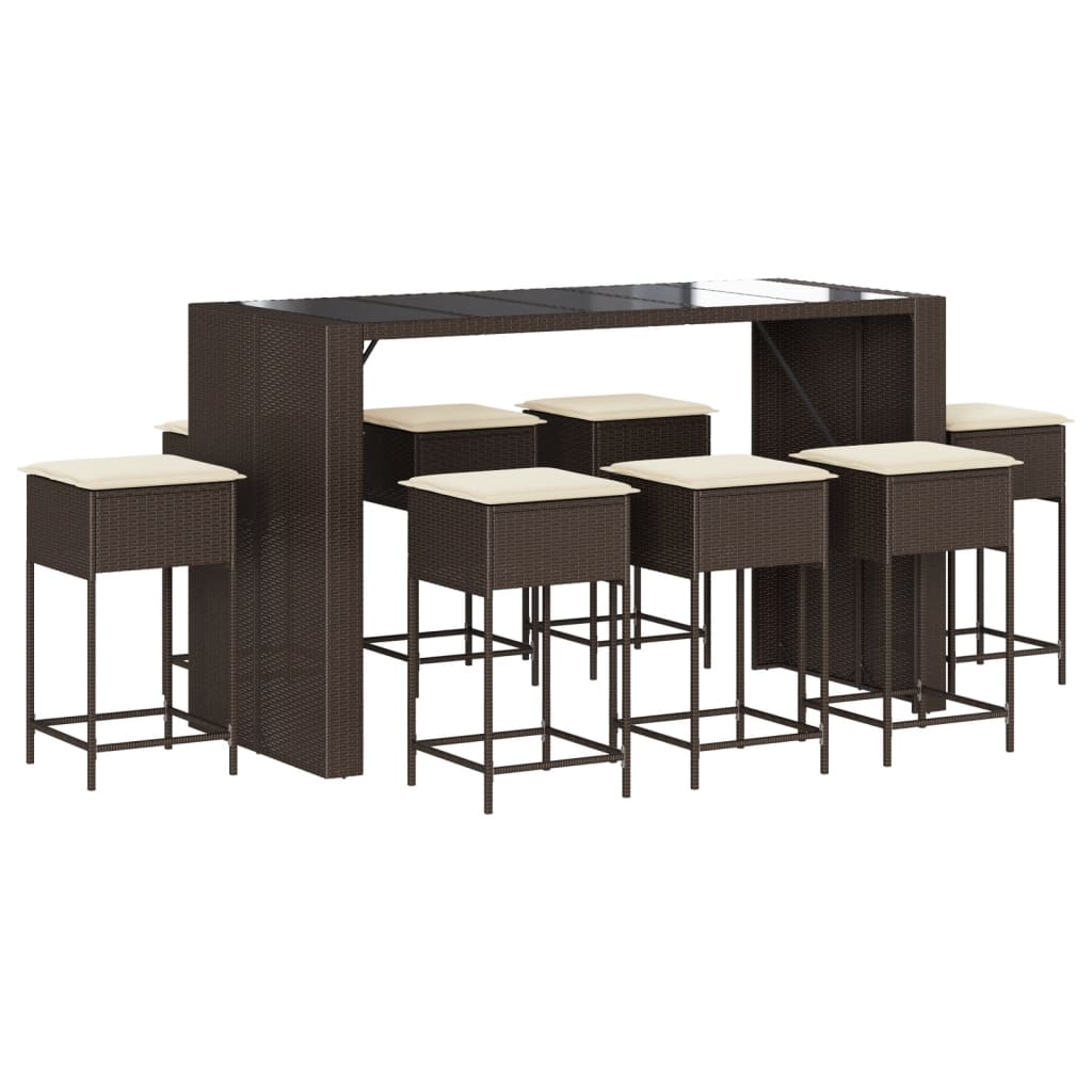 9 piece garden bar set with cushions brown poly rattan
