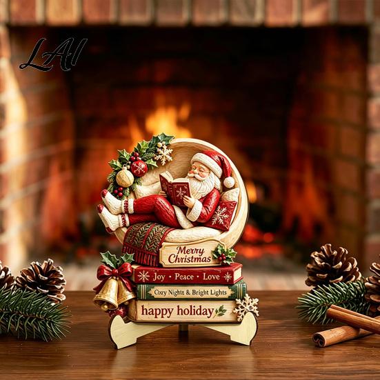 Rustic Christmas Door Sign Wooden Table Sign 2D Flat Santa Claus/Snowman Reading Desktop Ornament Festival Atmosphere Decor with Stand Holiday