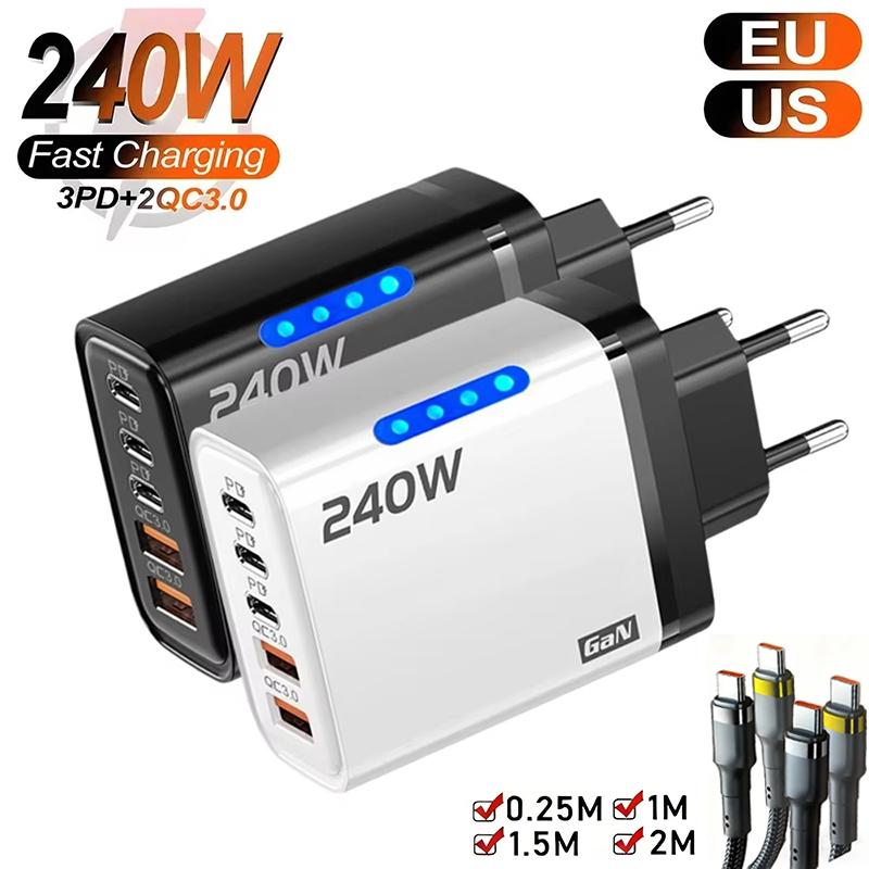 New 5 in 1 GaN Charger For 16 15pro Desktop Laptop Samsung 240W Fast Charging Adapter 120w Type To TypeC Cable Charger