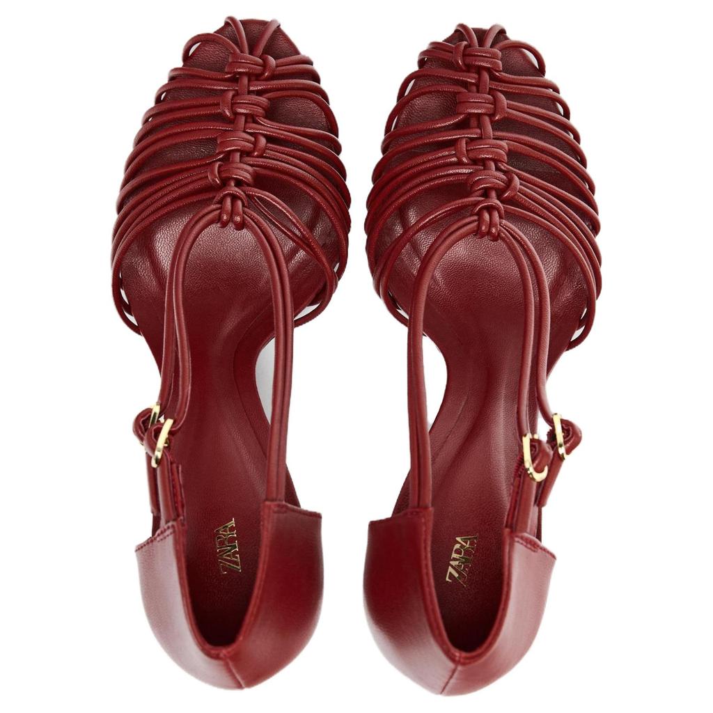Zara ПУ Модные Элегантные Простые Туфли на Высоком Каблуке с Острым Носком и Ремешком на Щиколотке Женские Сандалии Красные 11319510-38
