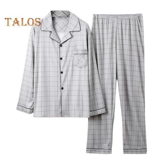 Pajamas Men Plaid Set 2pcsset Print Lapel Long Sleeve Single Breasted Shirt Elastic Waist Long Pants Set Loose Fit Loungewear Suit