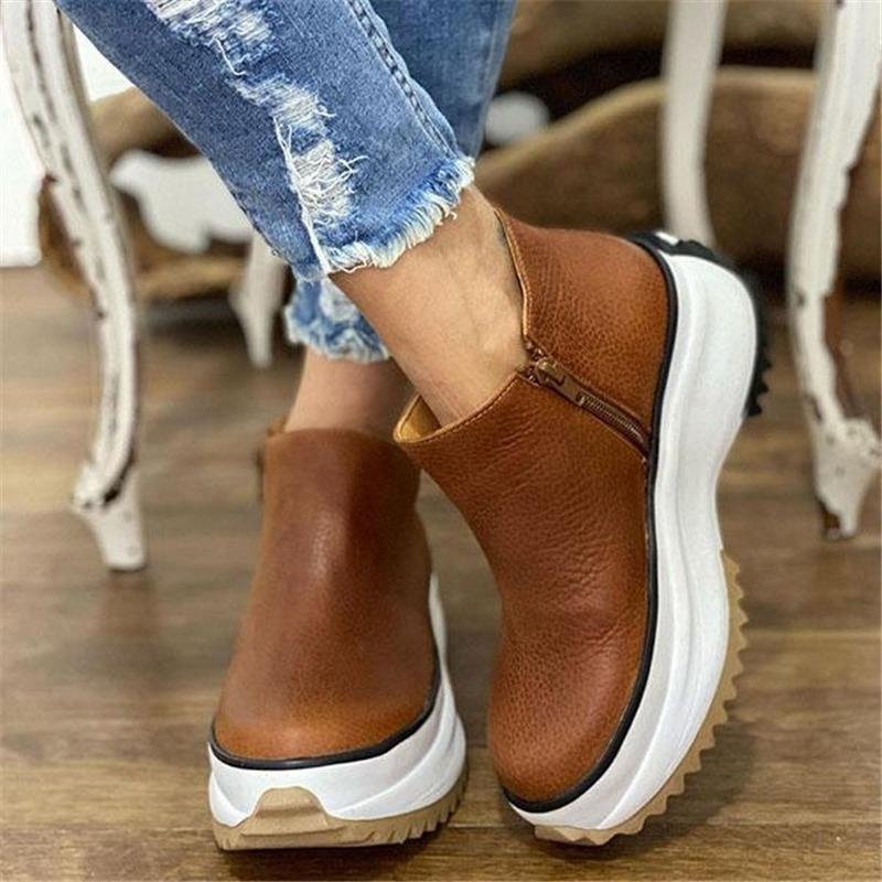 Ankle Boots Women Casual PU Leather Round Toe Platform Shoes for Women Luxury Designer Shoes