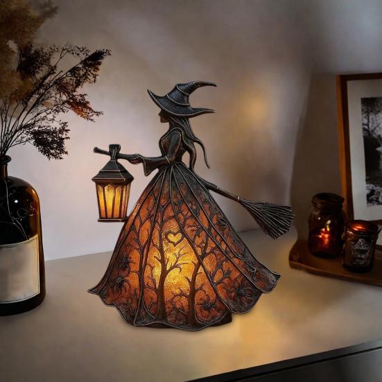 Halloween Witch Lamp Handcrafted Gothic Small Stained Glass Witch Figurine with Warm Light Desktop Standing Night Light for Home Shelf Mantel Decor