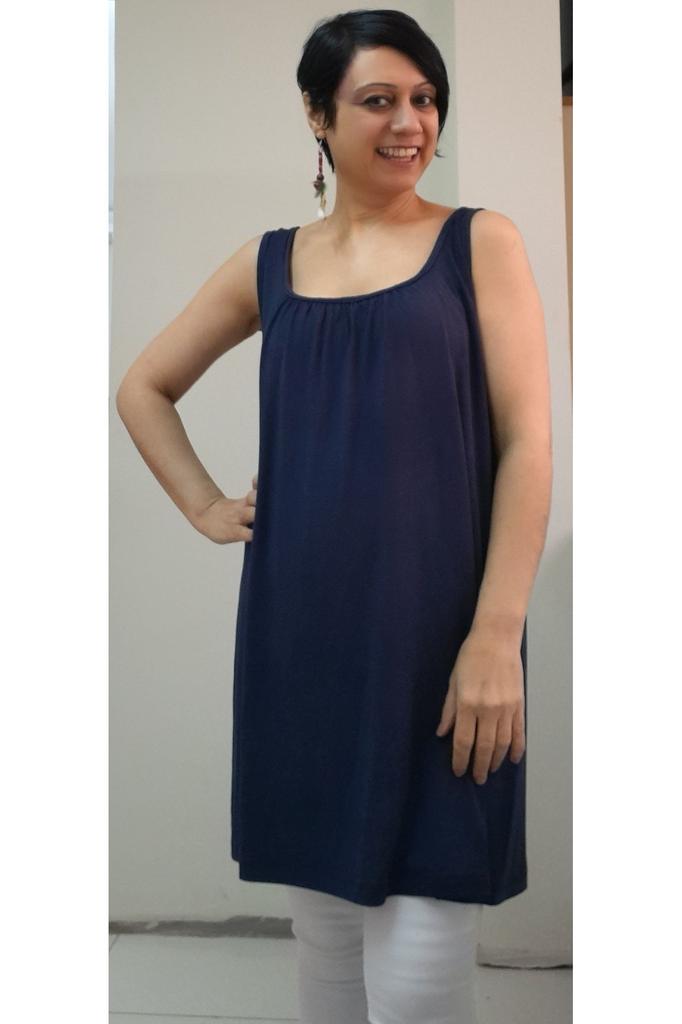 Women's Style Big Size T-Shirt Navy Blue Combed Cotton Viscose T-Shirt With Gathered Front And Back Straps