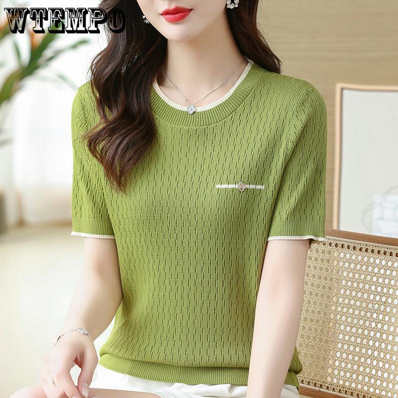 Летняя футболка из ледяного шелка с коротким рукавом, женская тонкая повседневная вязаная блузка, женские футболки с коротким рукавом и круглым вырезом, офисные женские блузки