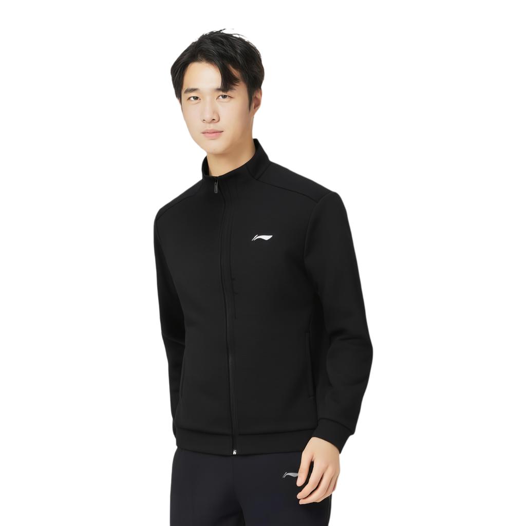 Li Ning Fitness Series Brand Logo Повседневный удобный кардиган с воротником-стойкой, мужская толстовка, черный цвет AWDU395-4