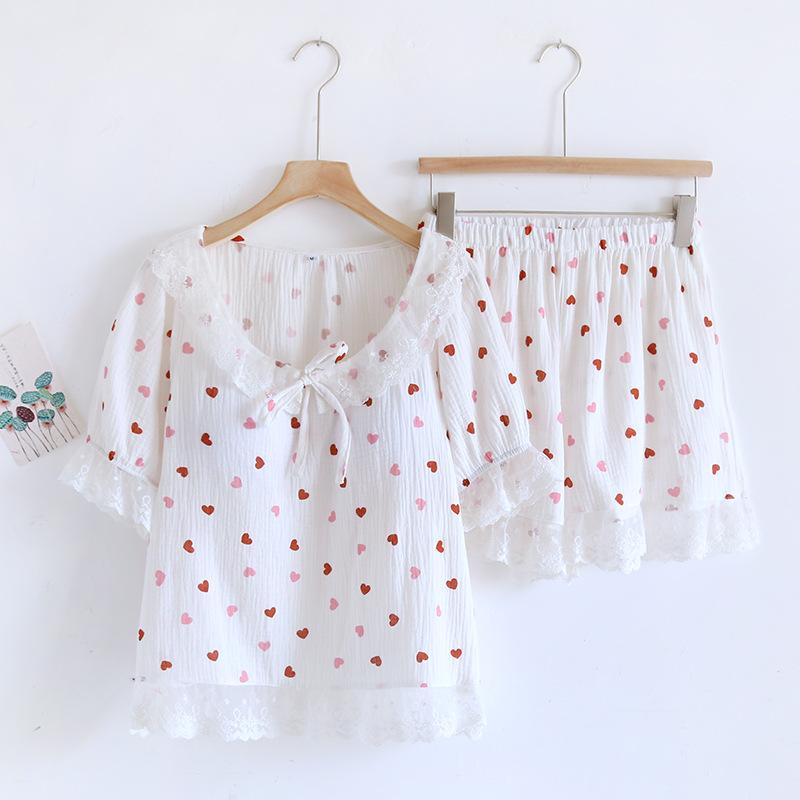 2025 New Summer Women's Pajama Set 100% Cotton Short Sleeve Shorts with Chest Pads Two Piece Loose Home Furnishings Ladies