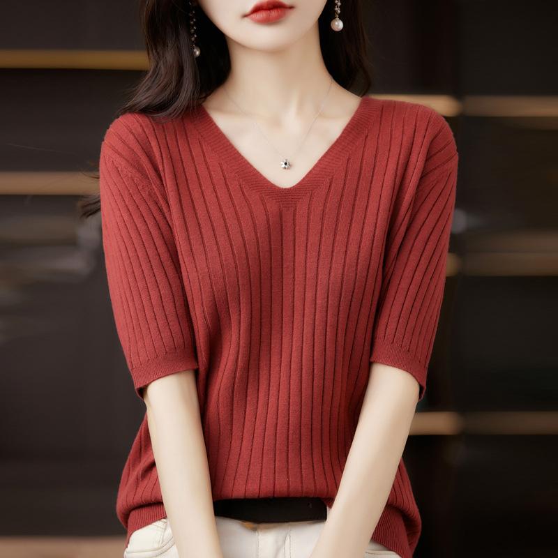 DAFIFY Women's Fashion Casual Summer Spring Solid Color Print Short Sleeve V-Neck Blouses & Shirts