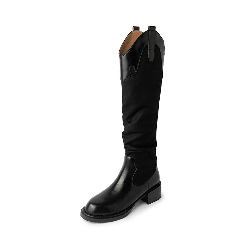 Cowhide Version~ Genuine Leather Stacked Long Boots Retro Thick Heel Western Cowboy Boots Female Knight Boots V-mouth Boots