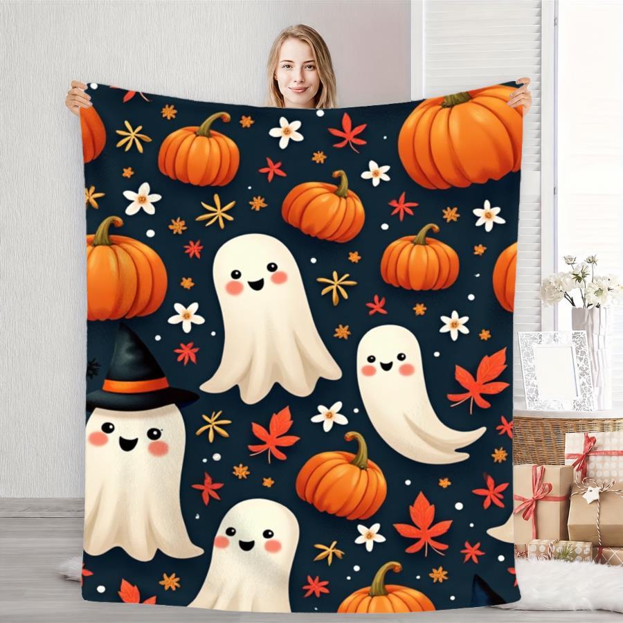 1pc Large Cozy Cooling Flannel Blanket Suitable for - Use - Soft Plush Throw with Cute Ghosts & Pumpkins, Navy Bedspread for, Room, Couch | Contempora